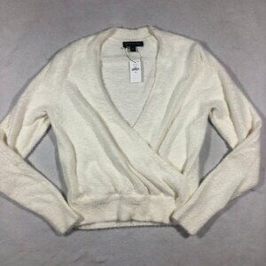 Banana Republic Factory Sweater Women XS Ivory Pullover Faux Wrap Fuzzy Soft NEW